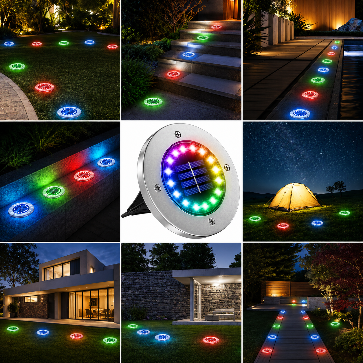 Solar-Bodenleuchten mit RGB-Beleuchtung als Wegbeleuchtung für Garten, Treppen, Terrasse und Camping
