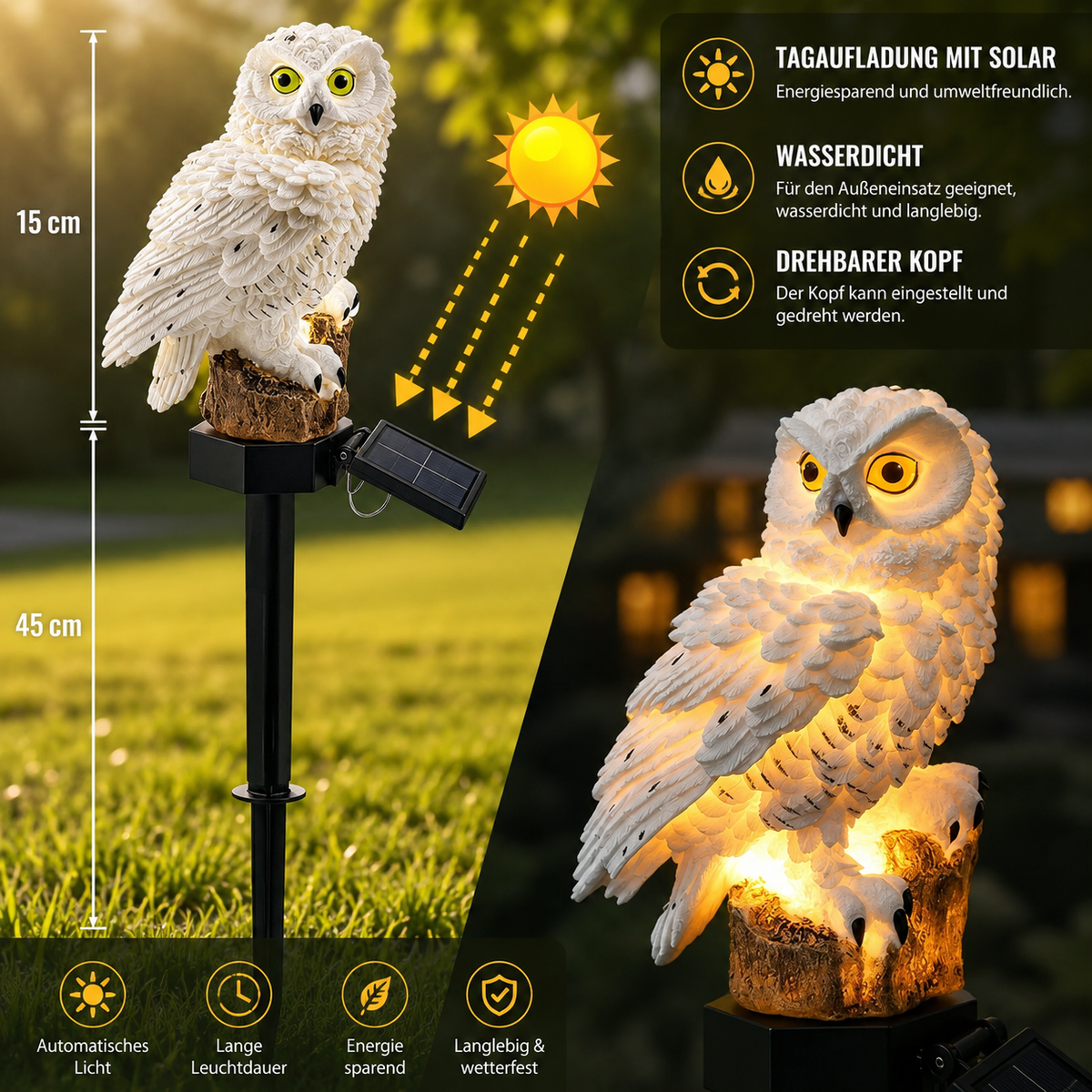Solar-Eulenleuchte mit Solarpanel, automatischem Lichtsensor und drehbarem Solarmodul.
