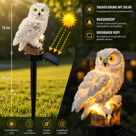 Solar-Eulenleuchte mit Solarpanel, automatischem Lichtsensor und drehbarem Solarmodul.
