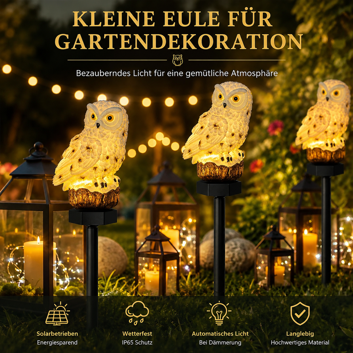 Solar-Eulenleuchten für den Garten mit warmweißem Licht, wetterfest und solarbetrieben.
