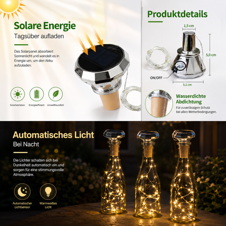 Solar-Flaschenlicht mit Solarpanel, Maßen und Produktdetails
