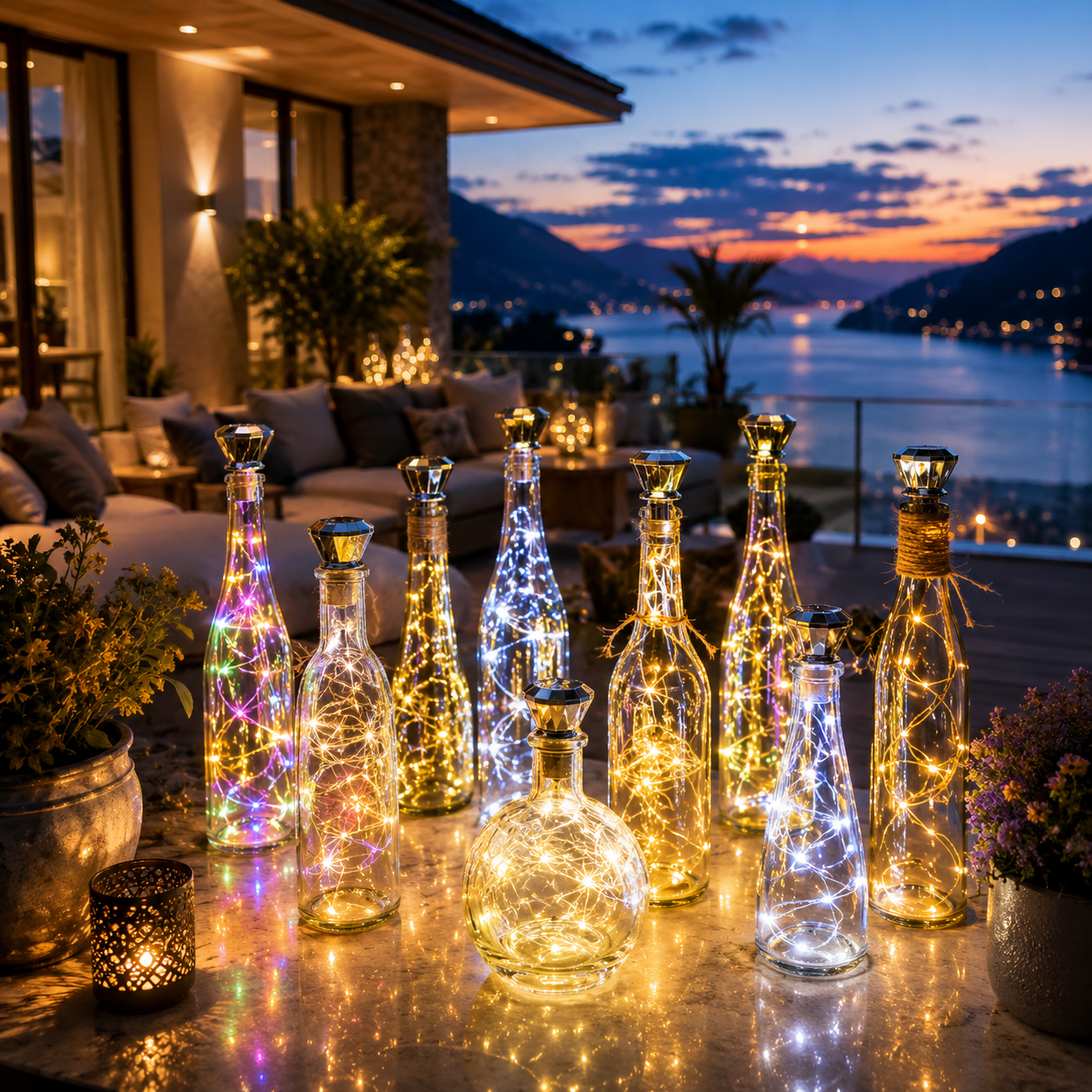 Solar-Flaschenlichter als stimmungsvolle Terrassenbeleuchtung
