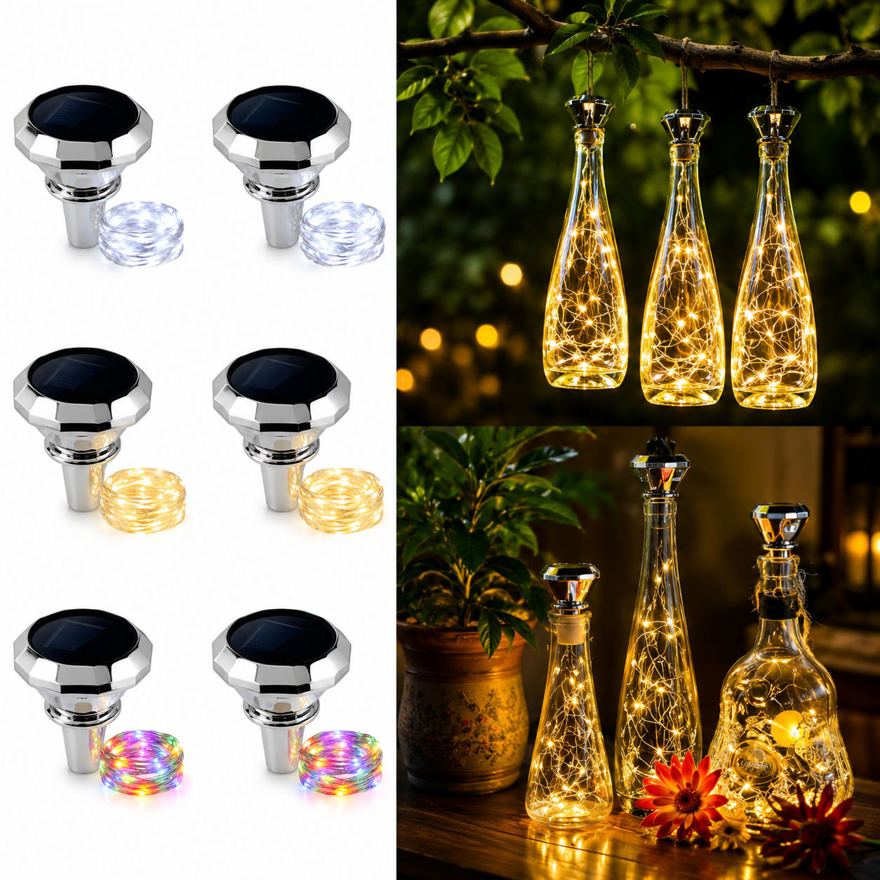Solar-Flaschenlichter in Warmweiß, Kaltweiß und RGB-Varianten
