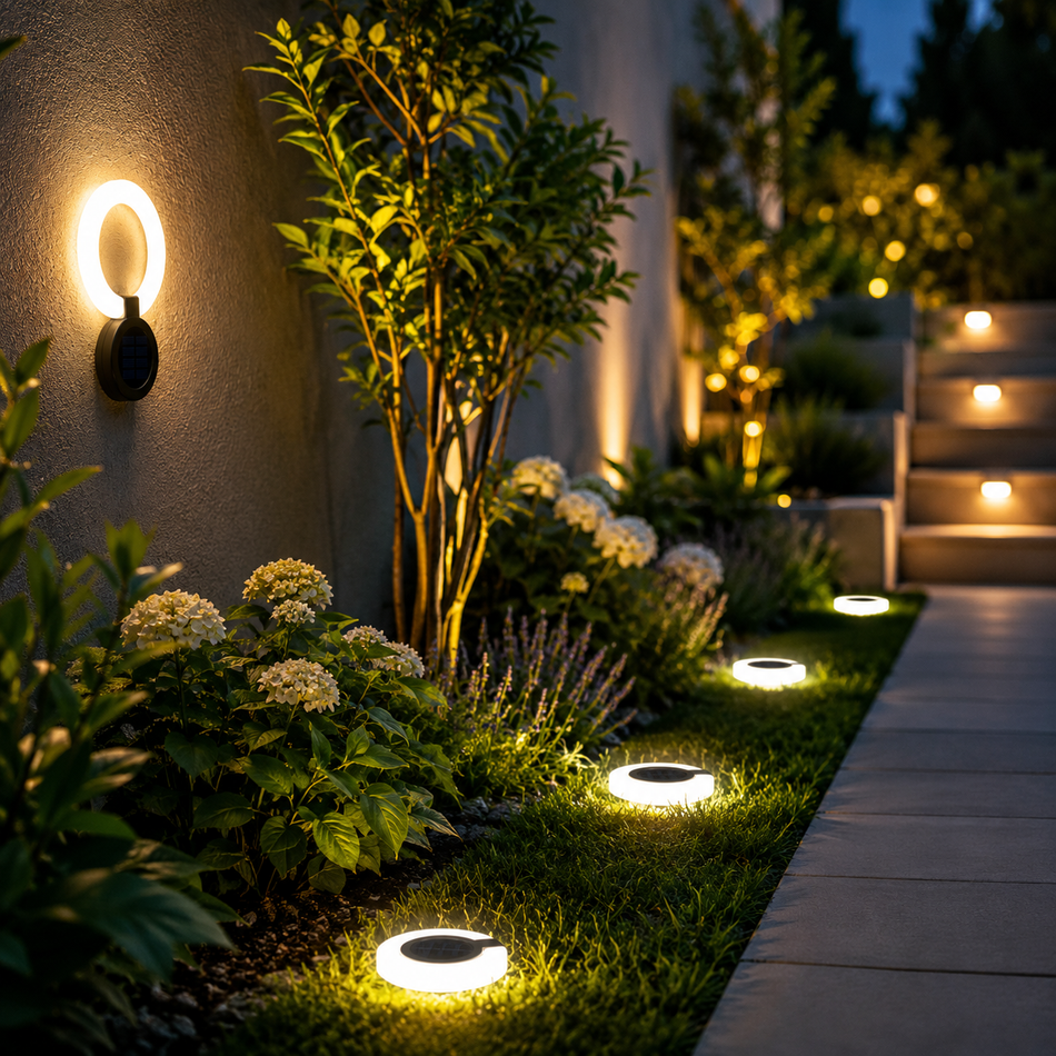 Solar-Gartenleuchte entlang eines beleuchteten Gartenwegs
