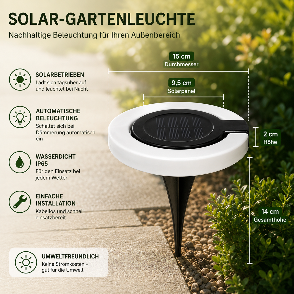 Solar-Gartenleuchte mit Maßen und Produktdetails
