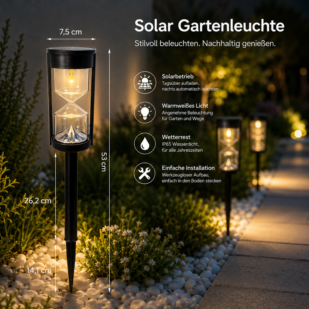 Solar-Gartenleuchte mit Maßen und Produktmerkmalen
