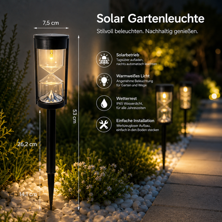 Solar-Gartenleuchte mit Maßen und Produktmerkmalen
