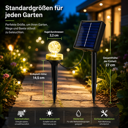 Solar-Gartenleuchte mit Solarpanel und Maßangaben – automatische Dämmerungsfunktion, wetterfest und einfache Installation.
