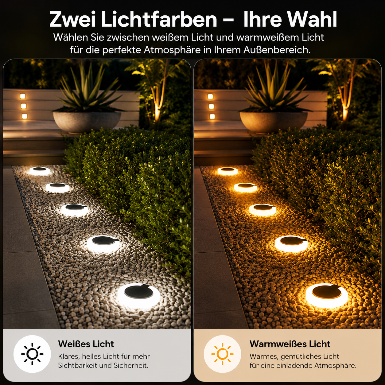 Solar-Gartenleuchte mit warmweißem und weißem Licht
