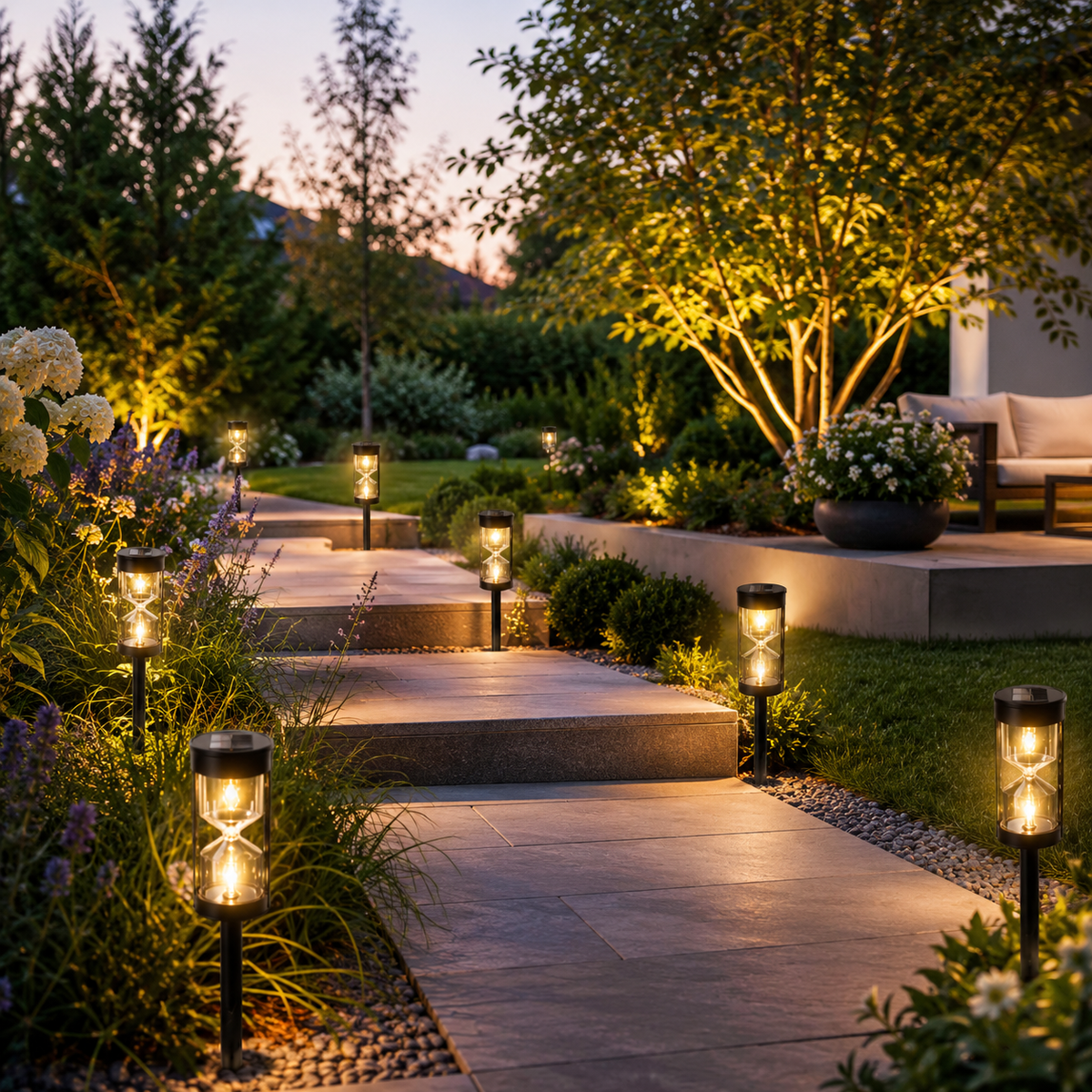 Solar-Gartenleuchten beleuchten Gartenweg bei Nacht
