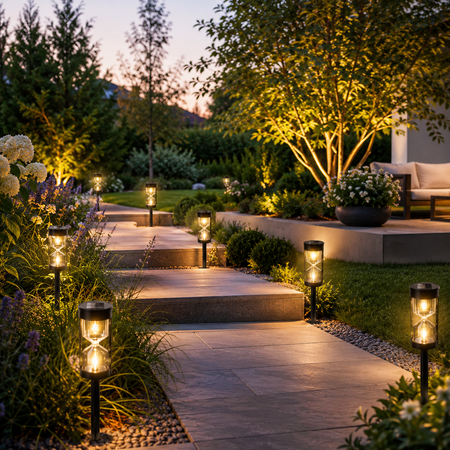 Solar-Gartenleuchten beleuchten Gartenweg bei Nacht
