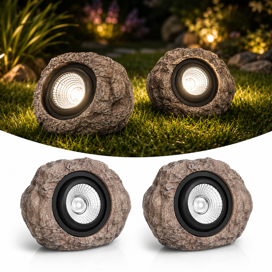 Solar-Gartenleuchten in Steinoptik auf Rasen
