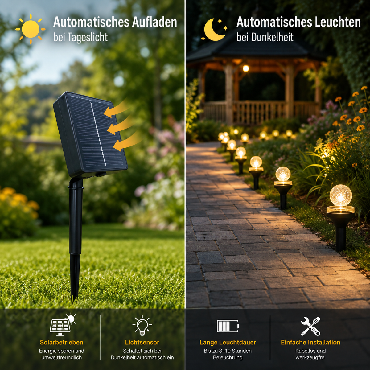 Solar-Gartenleuchten laden sich tagsüber automatisch auf und schalten sich bei Dunkelheit selbstständig ein.
