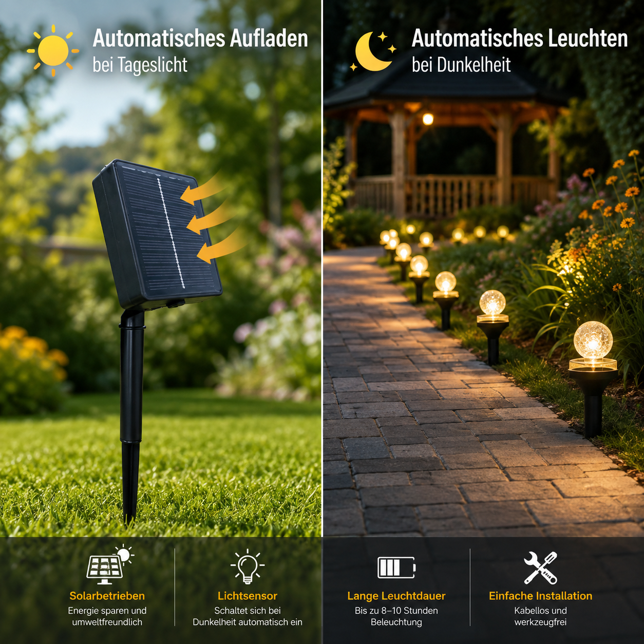 Solar-Gartenleuchten laden sich tagsüber automatisch auf und schalten sich bei Dunkelheit selbstständig ein.
