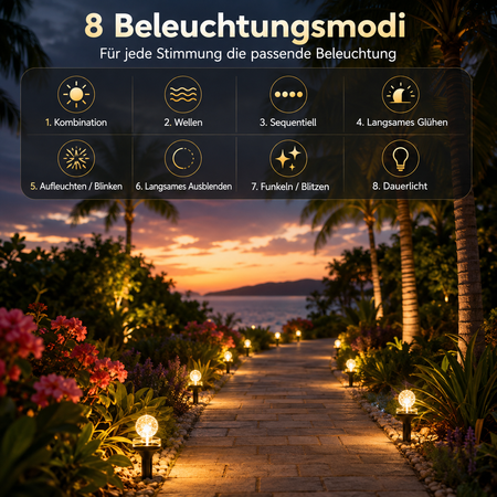 Solar-Gartenleuchten mit 8 verschiedenen Leuchtmodi für dekorative Beleuchtung von Garten, Terrasse und Wegen.

