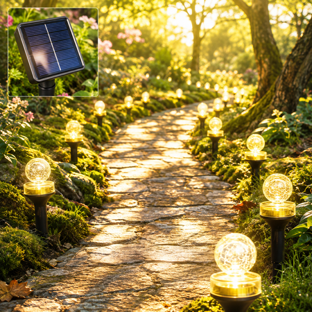 Solar-Gartenleuchten mit externem Solarpanel sorgen tagsüber für effizientes Aufladen und abends für warmweißes Licht.
