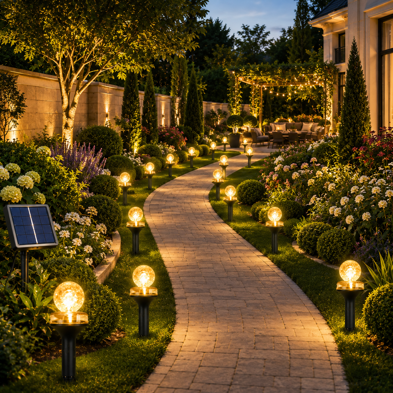 Solar-Gartenleuchten mit warmweißem Licht beleuchten einen geschwungenen Gartenweg und schaffen eine stimmungsvolle Atmosphäre.
