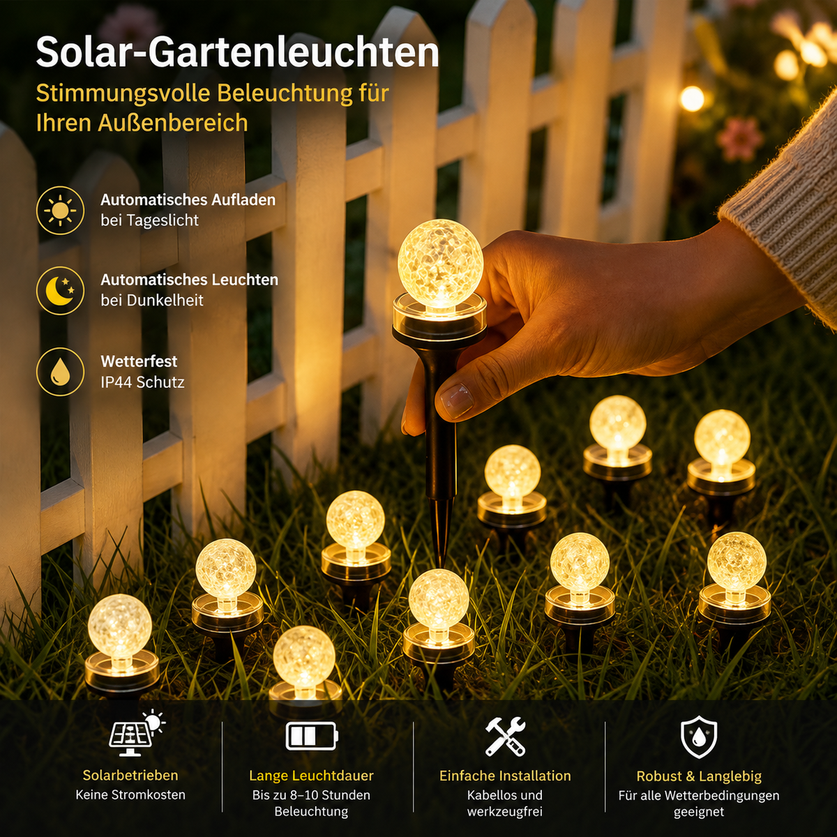 Solar-Gartenleuchten werden werkzeuglos in den Boden gesteckt und sorgen für stimmungsvolle Beleuchtung im Außenbereich.
