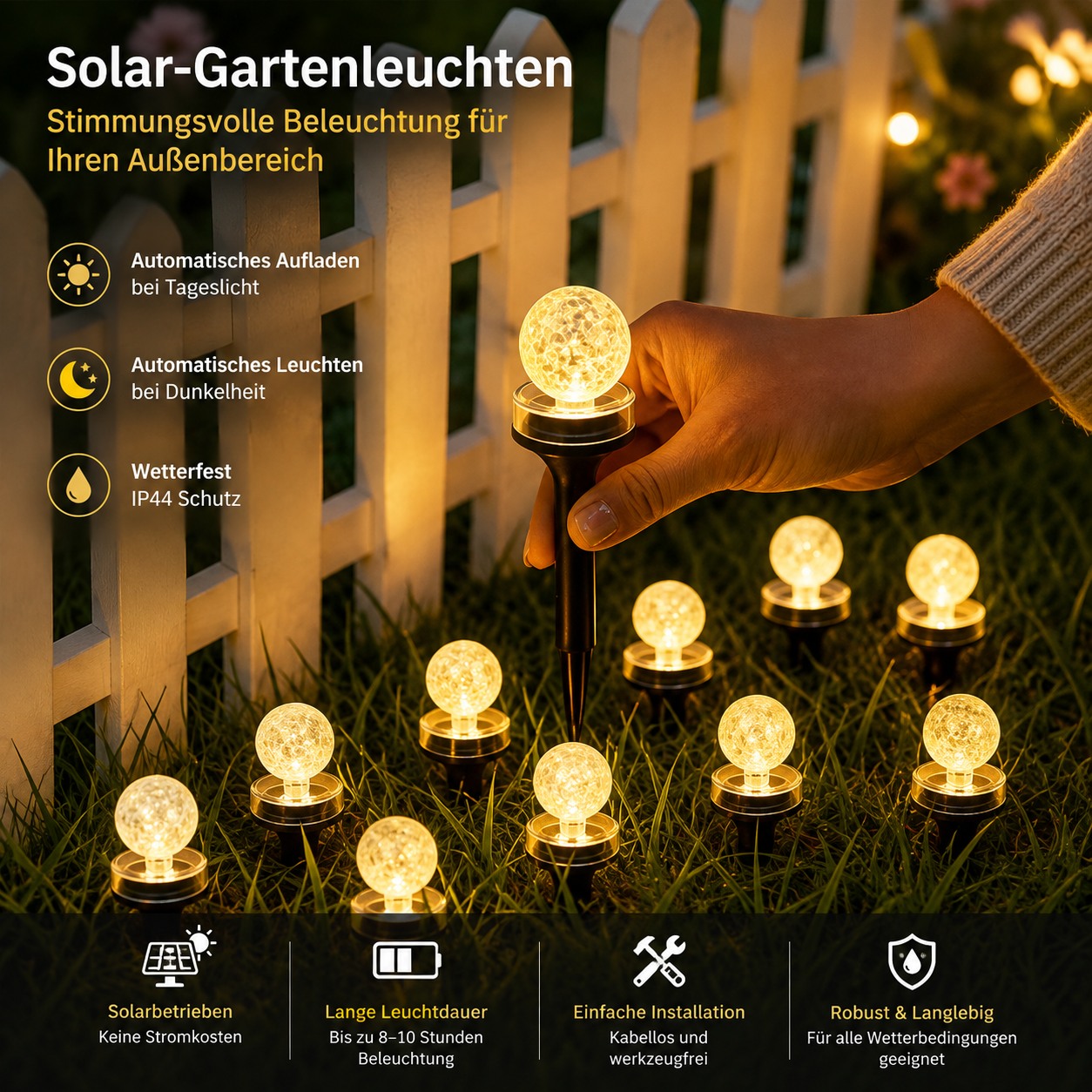Solar-Gartenleuchten werden werkzeuglos in den Boden gesteckt und sorgen für stimmungsvolle Beleuchtung im Außenbereich.
