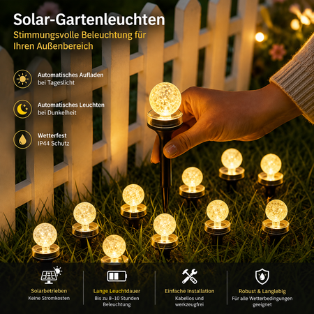 Solar-Gartenleuchten werden werkzeuglos in den Boden gesteckt und sorgen für stimmungsvolle Beleuchtung im Außenbereich.
