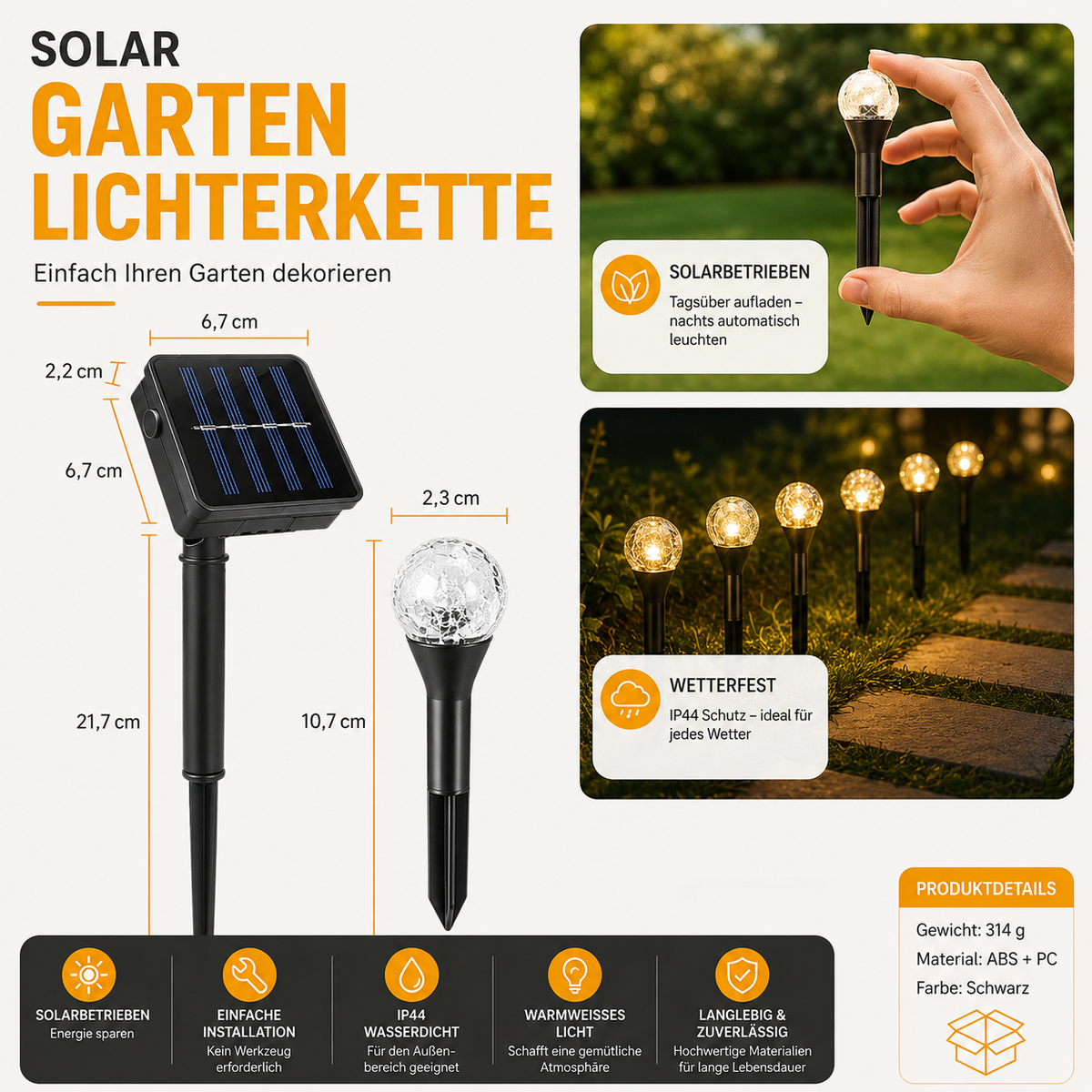 Solar-Gartenlichter mit separatem Solarpanel inklusive Maßangaben, wetterfestem Gehäuse, warmweißen LED-Kugeln und hochwertiger Verarbeitung für den Außenbereich.
