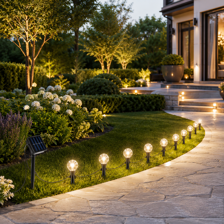 Solar-Gartenlichter mit warmweißem Licht entlang eines eleganten Steinwegs in einem modernen Luxusgarten und sorgen für eine stilvolle Atmosphäre bei Abenddämmerung.
