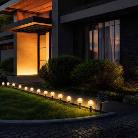 Solar-Gartenlichter mit warmweißem Licht schaffen eine gemütliche Atmosphäre entlang eines Gartenwegs vor einem modernen Haus

