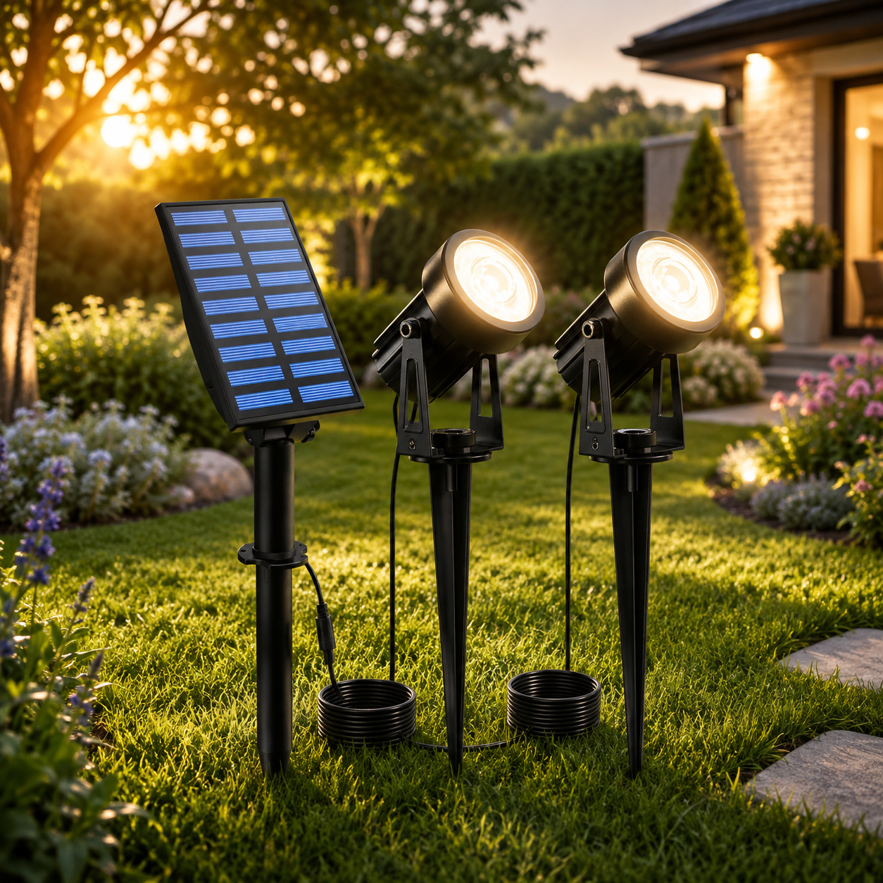 Solar-Gartenstrahler 2er Set mit externem Solarpanel und warmweißer LED-Beleuchtung für Garten, Terrasse und Einfahrt.
