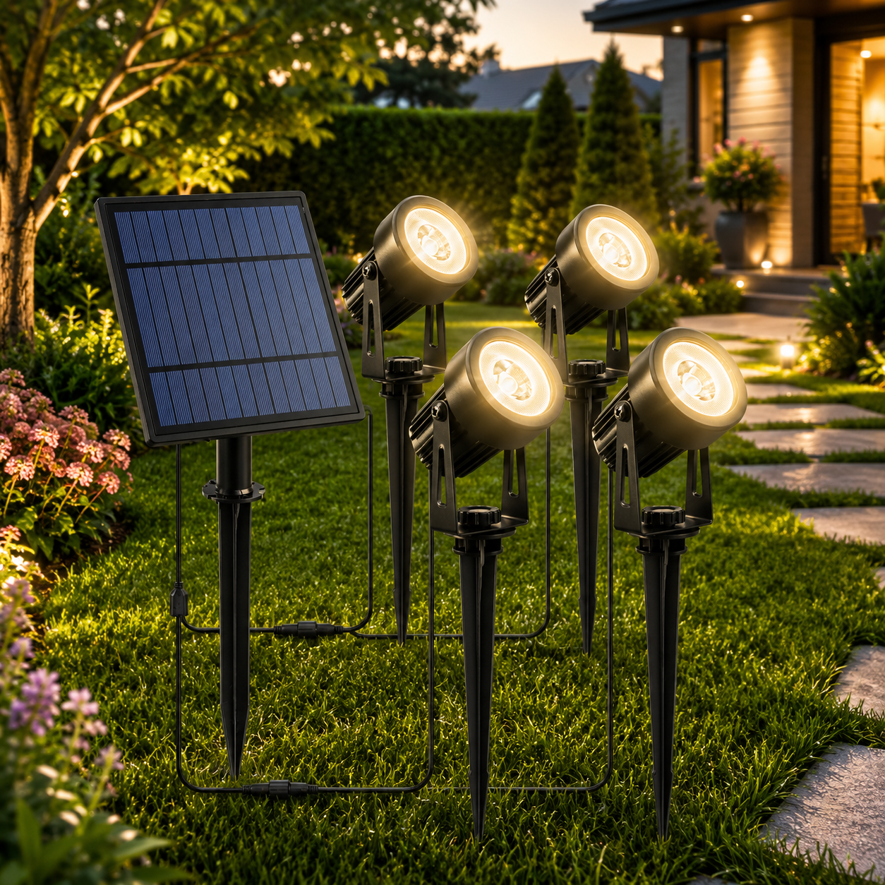 Solar-Gartenstrahler 4er Set mit gemeinsamem Solarpanel für energieeffiziente Beleuchtung von Wegen, Beeten und Gartenanlagen.
