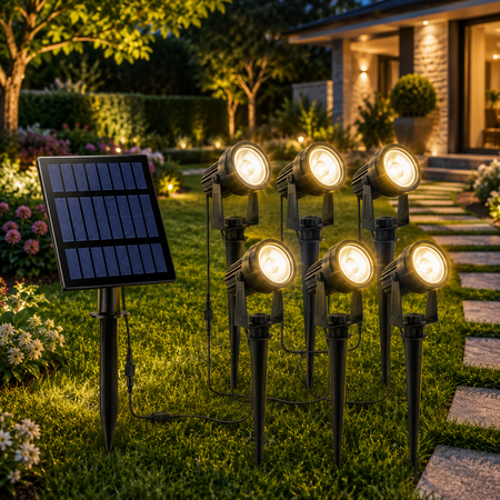 Solar-Gartenstrahler 6er Set mit externem Solarpanel und warmweißem Licht zur stimmungsvollen Beleuchtung von Gartenwegen und Pflanzen.
