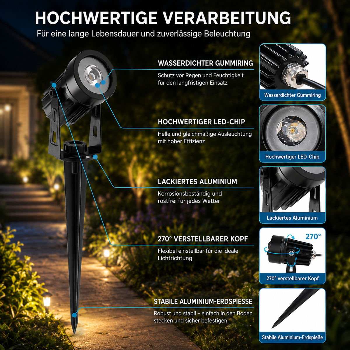 Solar-Gartenstrahler aus Aluminium mit hochwertigem LED-Chip, wasserdichter Abdichtung und 270° verstellbarem Kopf.
