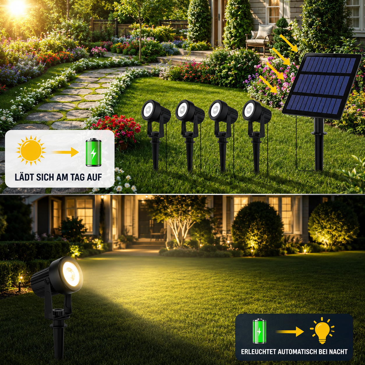 Solar-Gartenstrahler laden sich tagsüber automatisch auf und schalten sich bei Dunkelheit selbstständig ein.
