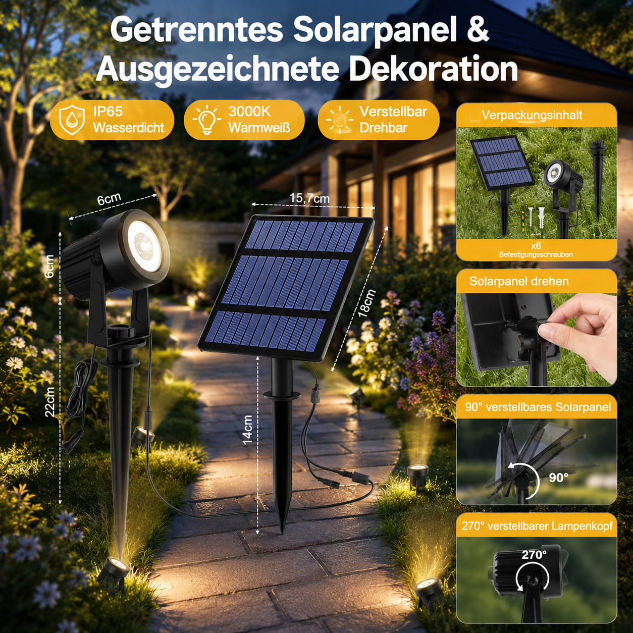 Solar-Gartenstrahler mit externem Solarpanel, IP65-Schutz, warmweißem Licht und verstellbarem Lampenkopf.
