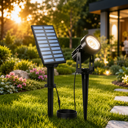 Solar-Gartenstrahler mit externem Solarpanel für energieeffiziente Beleuchtung von Garten, Terrasse und Einfahrt.
