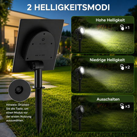 Solar-Gartenstrahler mit zwei Helligkeitsmodi und Ein-/Aus-Funktion für individuelle Außenbeleuchtung.
