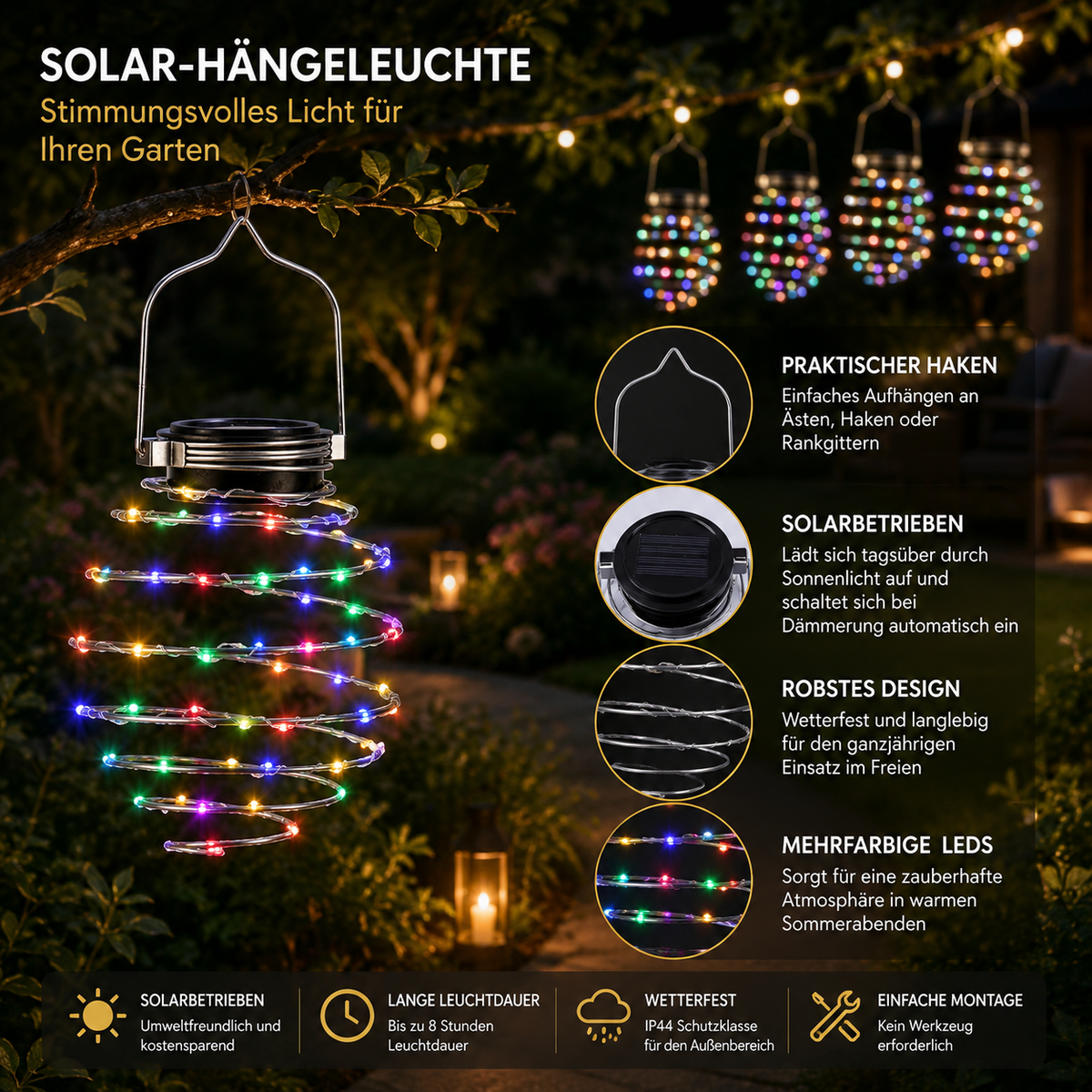 Solar-Hängeleuchte mit RGB-LEDs für stimmungsvolle Gartenbeleuchtung
