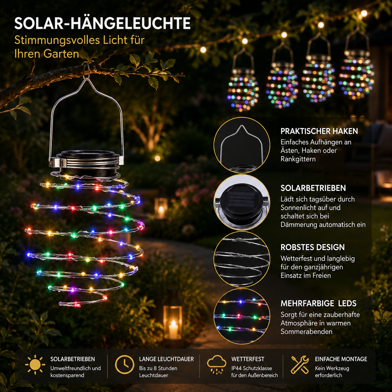 Solar-Hängeleuchte mit RGB-LEDs für stimmungsvolle Gartenbeleuchtung
