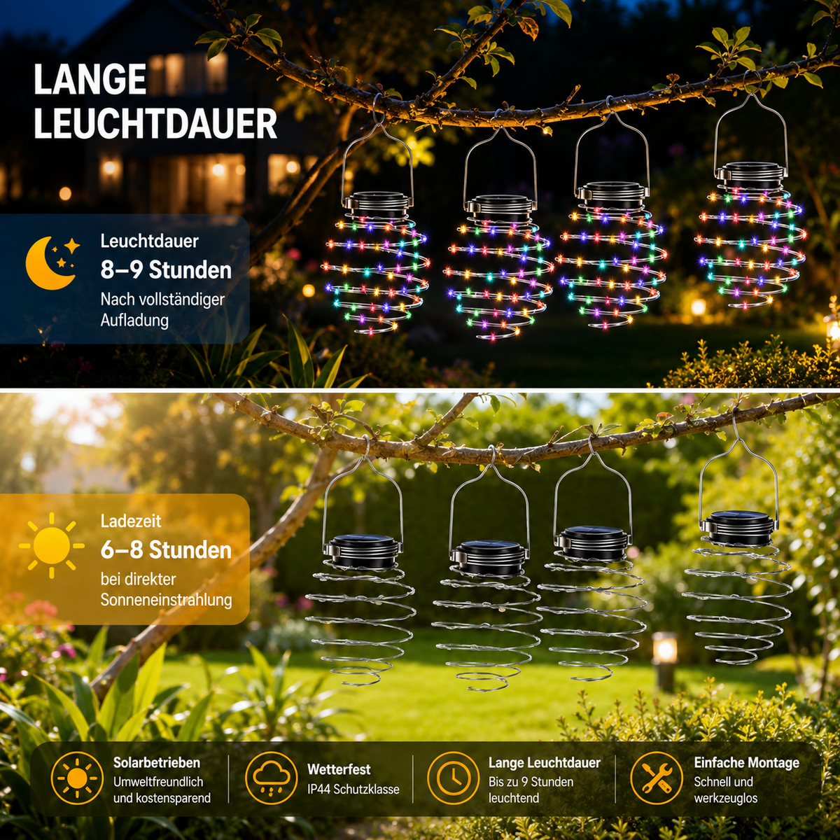Solar-Hängeleuchten mit 8–9 Stunden Leuchtdauer und Solaraufladung
