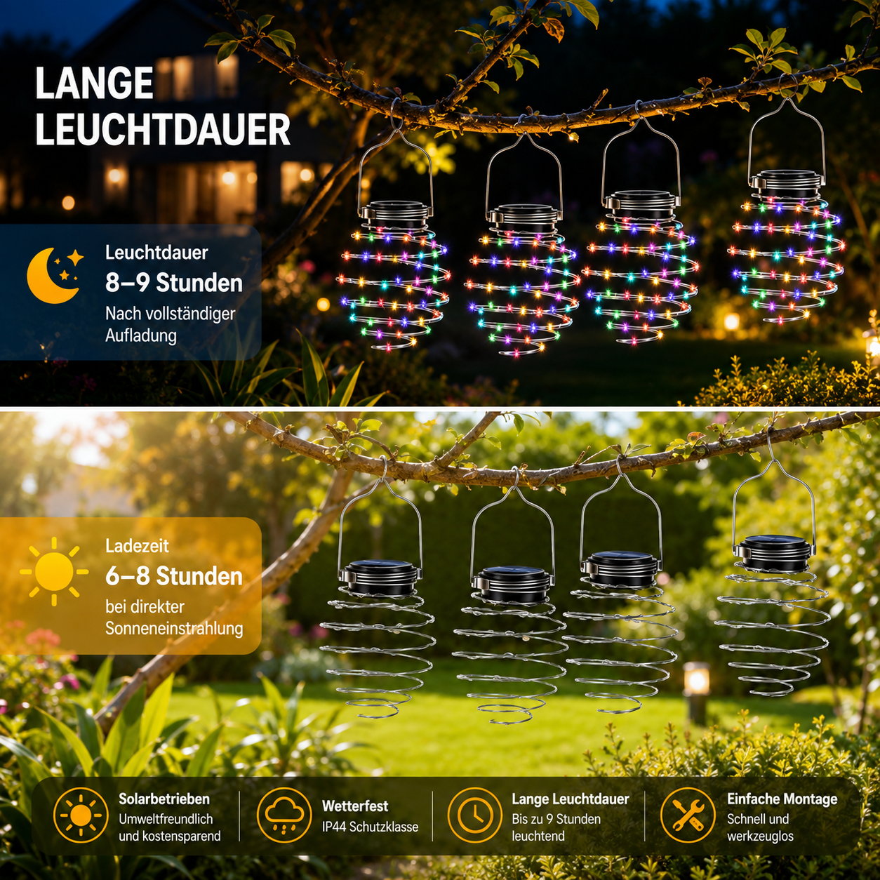 Solar-Hängeleuchten mit 8–9 Stunden Leuchtdauer und Solaraufladung
