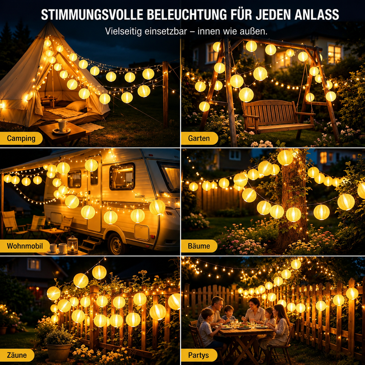 Solar-Lampion-Lichterkette beim Camping, im Garten, am Wohnmobil und auf Feiern
