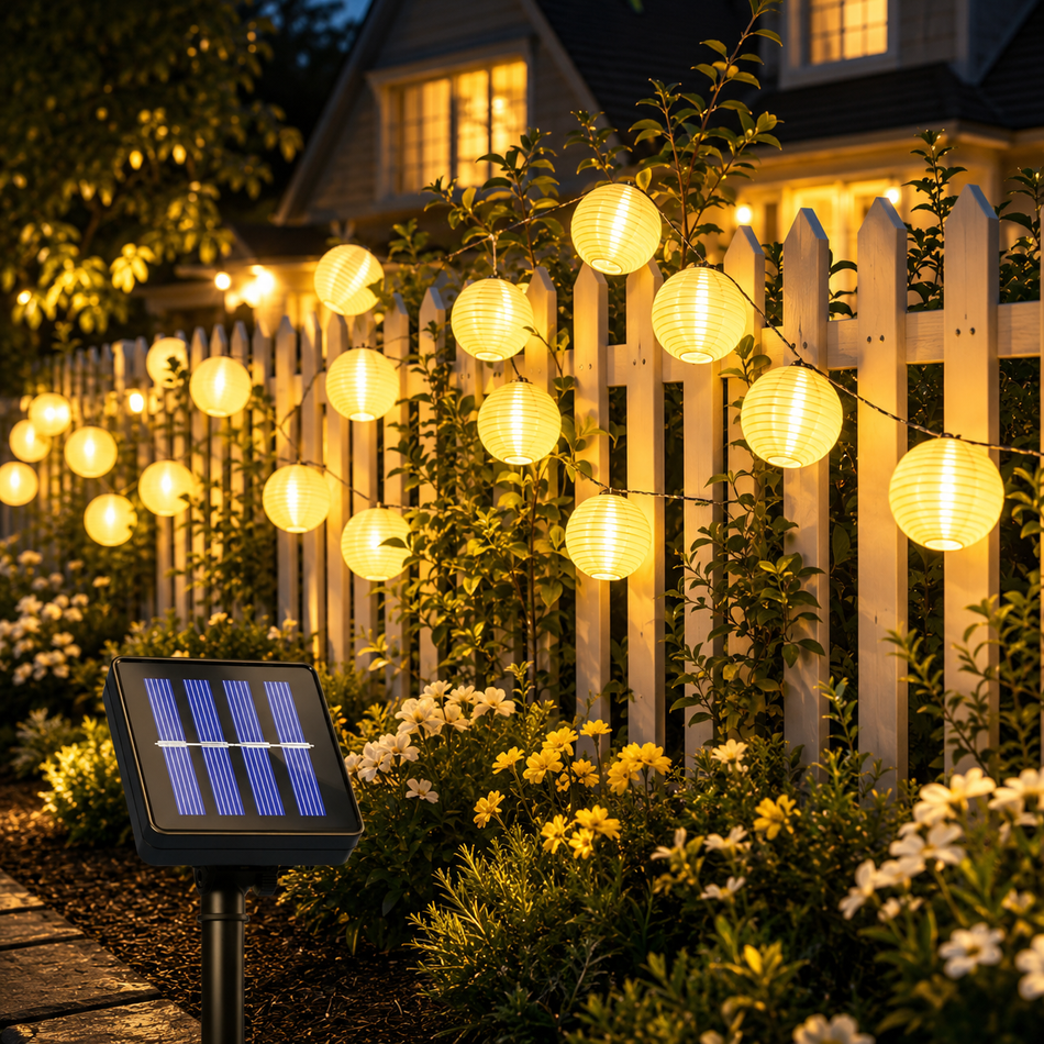 Solar-Lampion-Lichterkette mit warmweißem Licht an einem Gartenzaun
