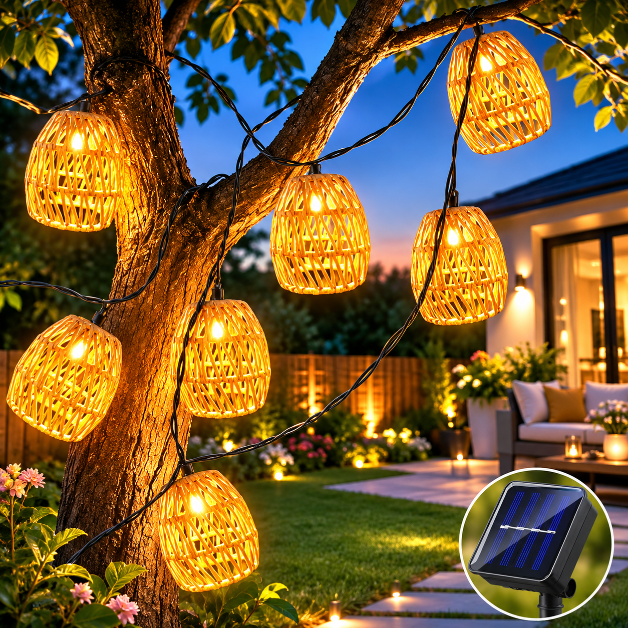 Solar-Lichterkette aus Rattan im Garten an einem Baum mit warmweißem Licht und Solarpanel.
