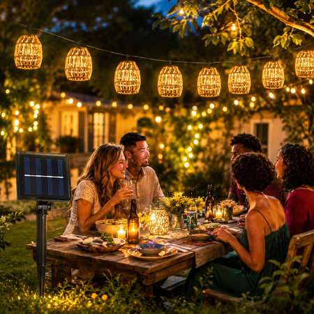 Solar-Lichterkette mit Rattan-Laternen sorgt für stimmungsvolle Beleuchtung auf der Gartenterrasse.
