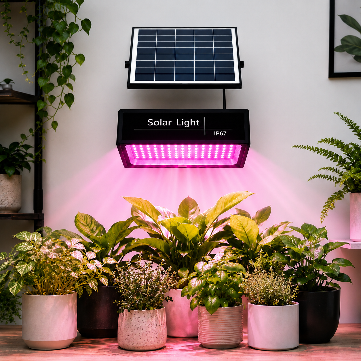 Solar-Pflanzenlampe mit Solarpanel beleuchtet Zimmerpflanzen.
