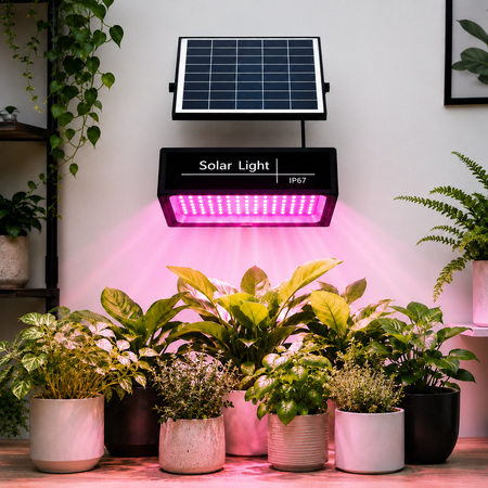 Solar-Pflanzenlampe mit Solarpanel beleuchtet Zimmerpflanzen.
