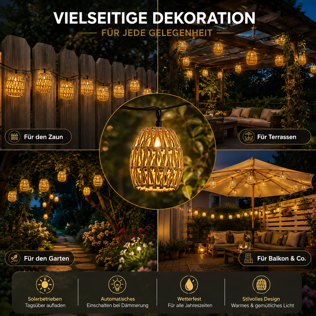 Solar-Rattan-Lichterkette als dekorative Beleuchtung für Garten, Terrasse, Balkon und Zaun.
