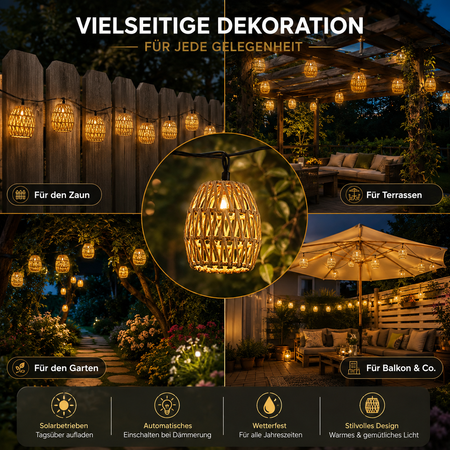 Solar-Rattan-Lichterkette als dekorative Beleuchtung für Garten, Terrasse, Balkon und Zaun.
