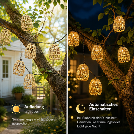 Solar-Rattan-Lichterkette lädt tagsüber und schaltet sich bei Einbruch der Dunkelheit automatisch ein.
