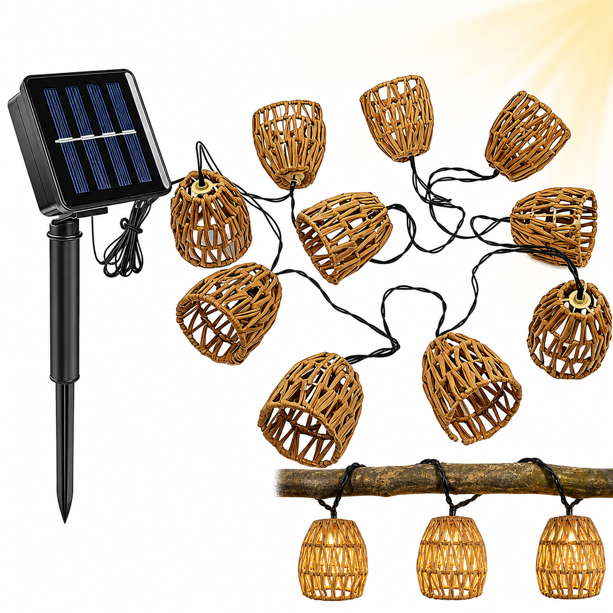 Solar-Rattan-Lichterkette mit Solarpanel und 10 warmweißen LED-Laternen auf weißem Hintergrund.
