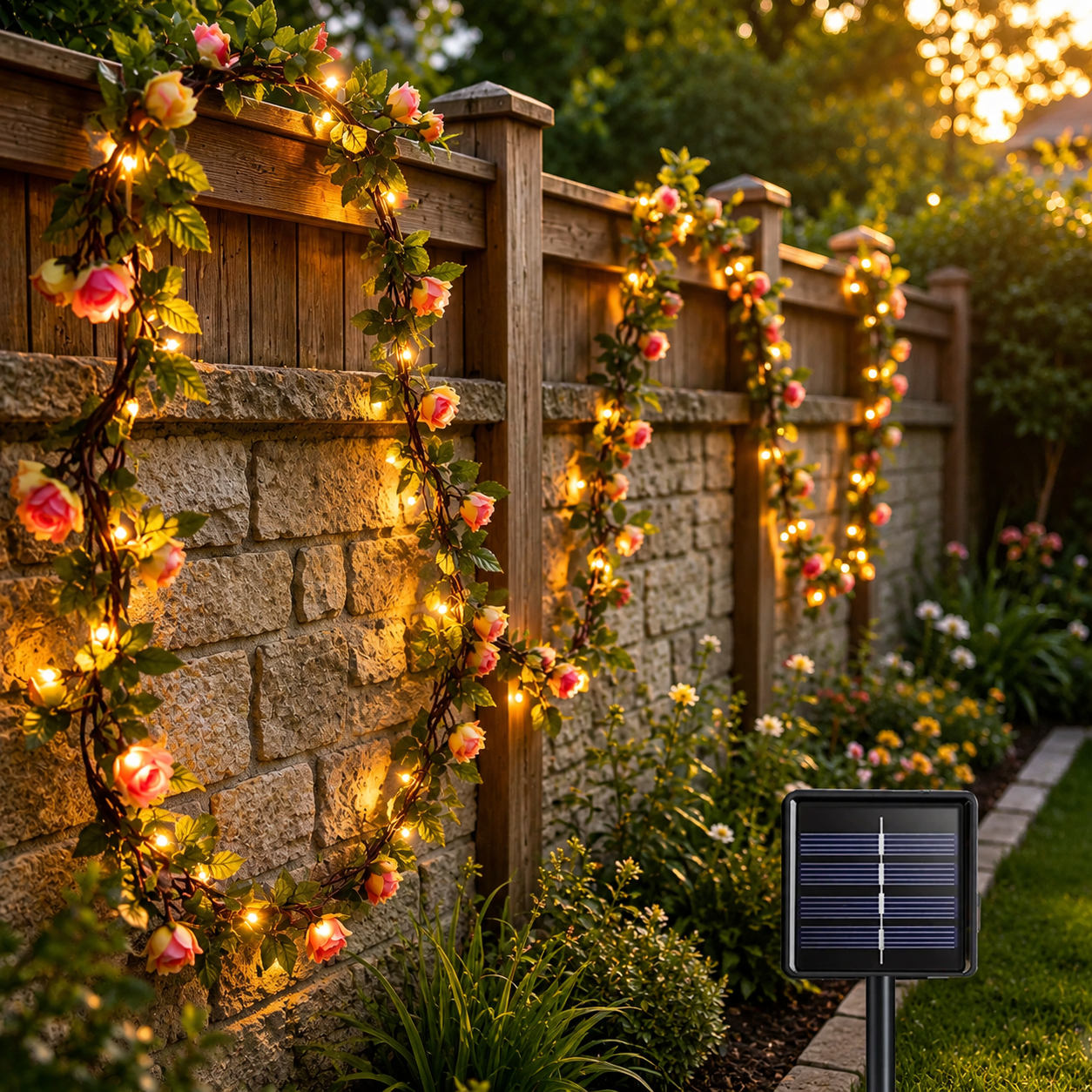 Solar-Rosenlichterkette am Gartenzaun

